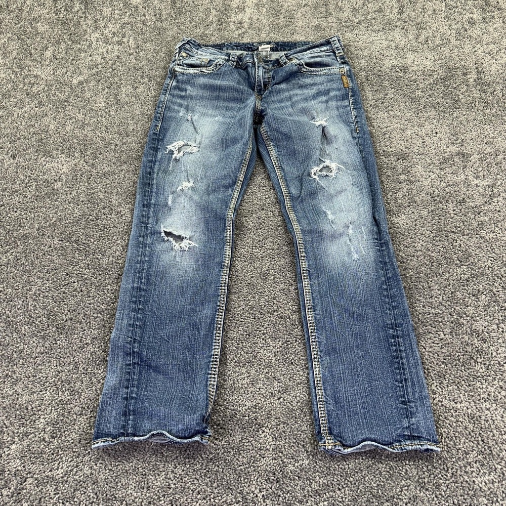 Silver Jeans Womens 29/28 Blue Sam Relaxed Cropped Distressed Denim Medium Wash